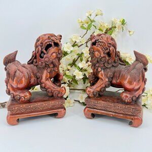 Asian Japanese Hand Carved Foo Dogs Statues, Signed, Vintage, Large